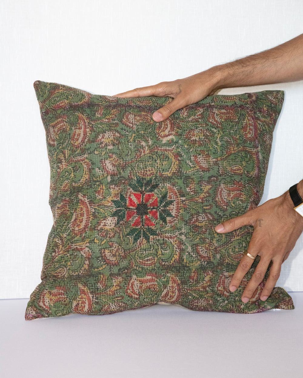 Garent 20 x 20 Vintage Kantha Cushion Cover with traditional Bagru block print in earthy sage green, showcasing intricate hand-stitched patterns, displayed on a white background.