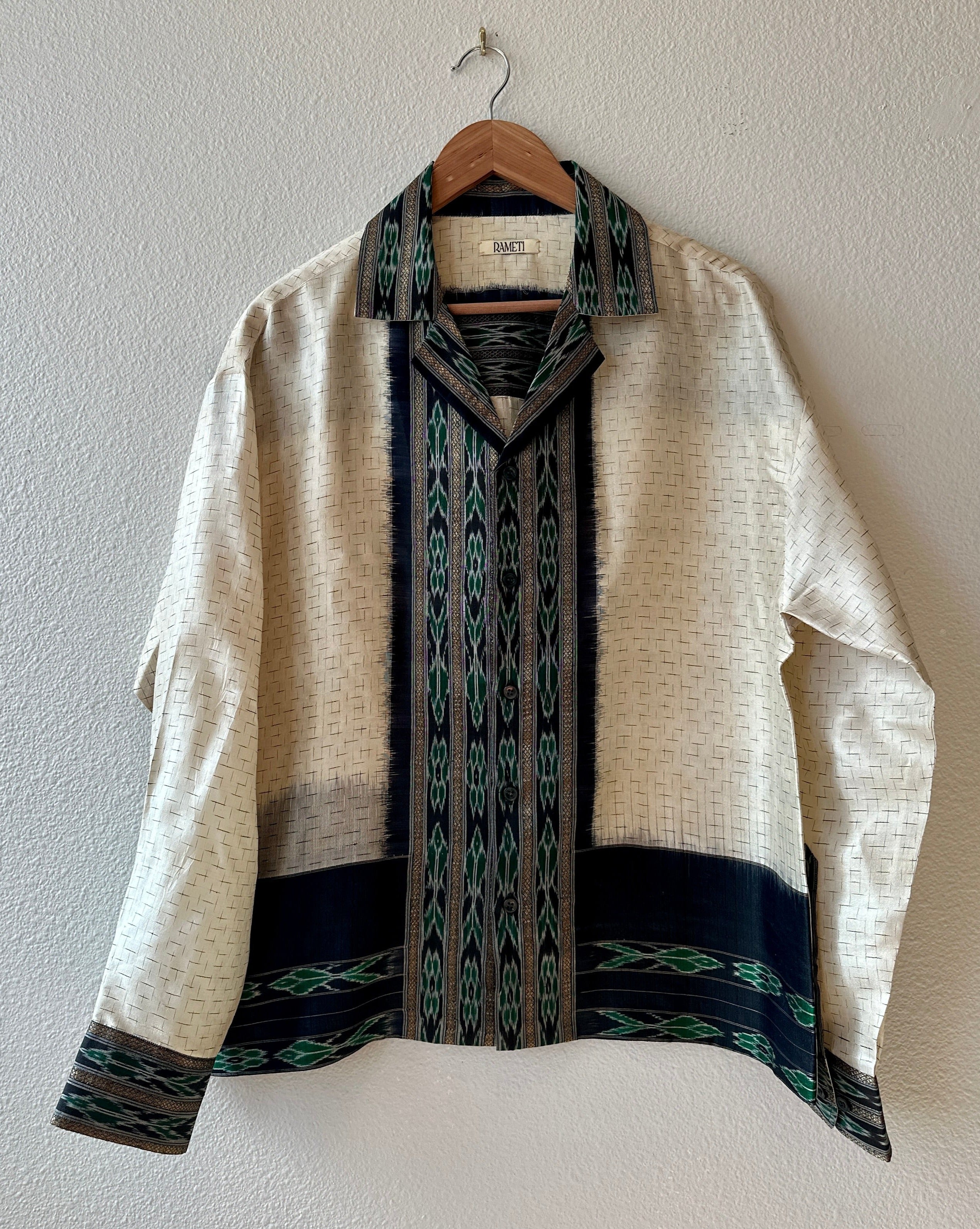 Unique Handcrafted Shirt from Vintage Ikat and Block Print Sari Full sleeve - Rameti