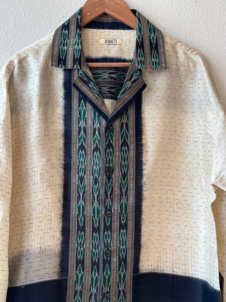 Unique Handcrafted Shirt from Vintage Ikat and Block Print Sari Full sleeve - Rameti