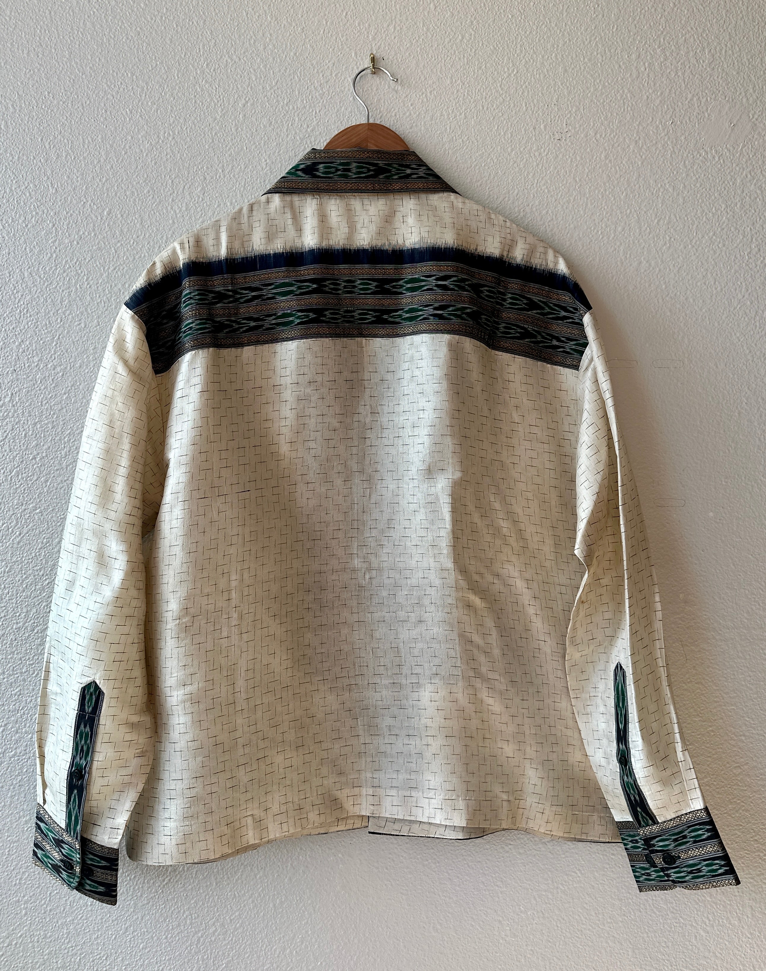 Unique Handcrafted Shirt from Vintage Ikat and Block Print Sari Full sleeve - Rameti