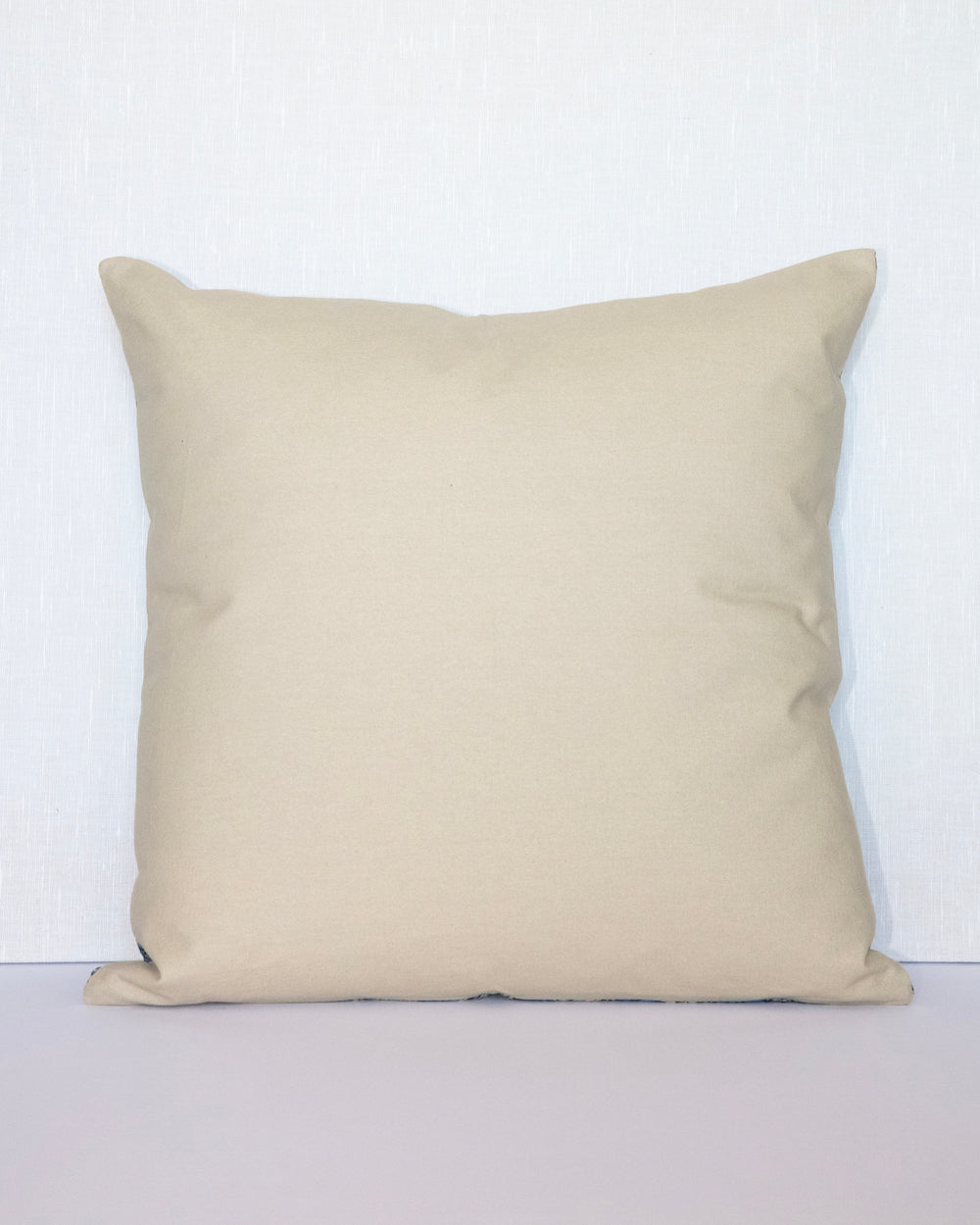 Vintage Kantha Cushion Cover with traditional Bagru block print in indigo tones, showcasing intricate hand-stitched patterns, displayed on a white background.