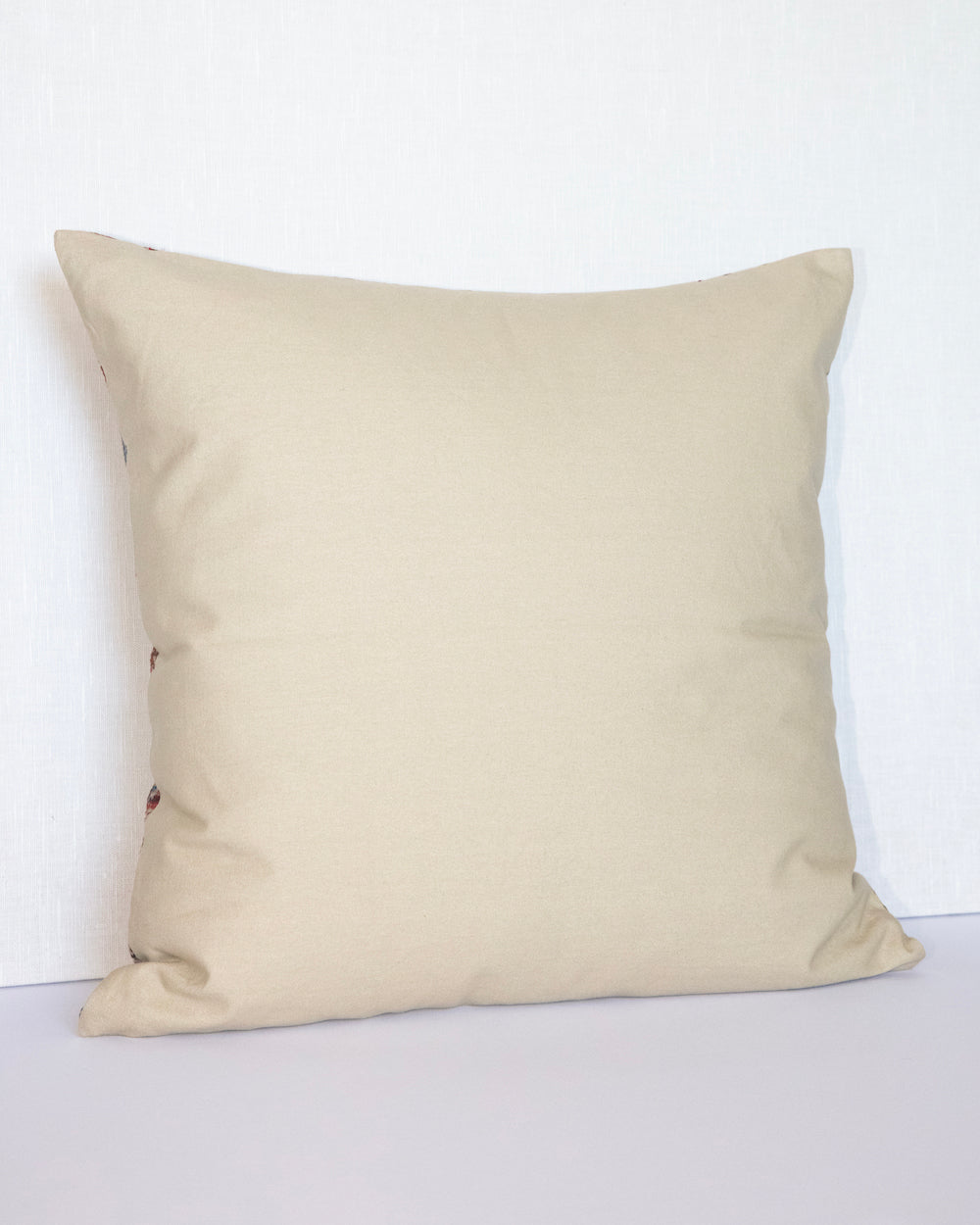 Garent 20 x 20 Vintage Kantha Cushion Cover with traditional Bagru block print and canvas back in rusty red tones, showcasing intricate hand-stitched patterns, displayed on a white background.