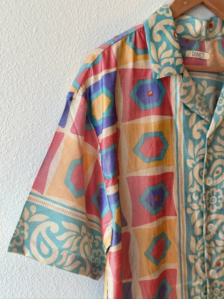 1950S Multicolor Silk Men's Shirt Made From Sari Silk