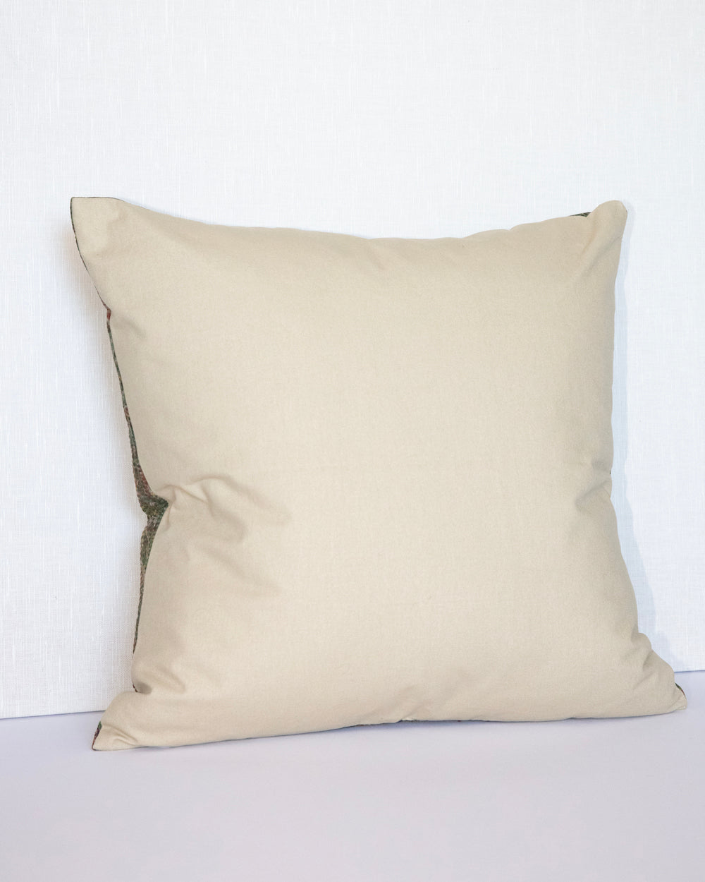 Garent  20 x 20 Vintage Kantha Cushion Cover with traditional Bagru block print in  earthy green, showcasing intricate hand-stitched patterns, displayed on a white background.