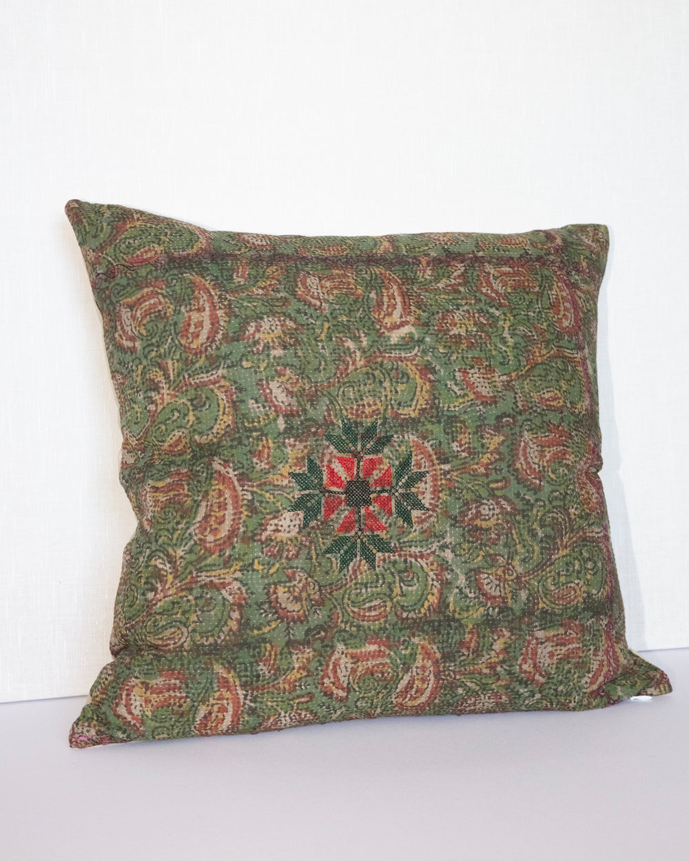 Garent  20 x 20 Vintage Kantha Cushion Cover with traditional Bagru block print in  earthy sage green, showcasing intricate hand-stitched patterns, displayed on a white background.