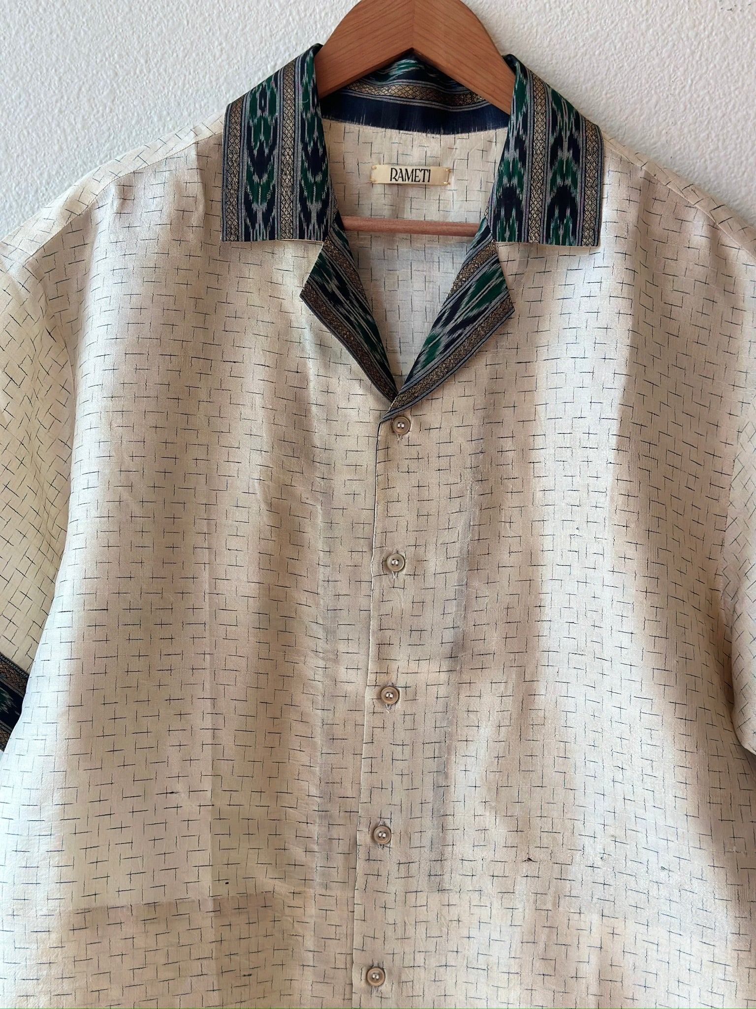 Unique Handcrafted Shirt from Vintage Ikat and Block Print Sari - Rameti