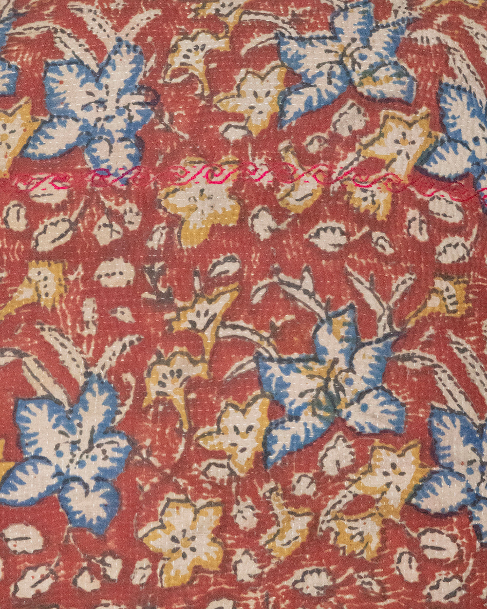 Garent  20 x 20 Vintage Kantha Cushion Cover with traditional Bagru block print in rusty red tones, showcasing intricate hand-stitched patterns, displayed on a white background.