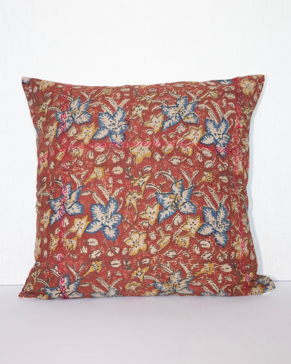 Garent  20 x 20 Vintage Kantha Cushion Cover with traditional Bagru block print in rusty red tones, showcasing intricate hand-stitched patterns, displayed on a white background.