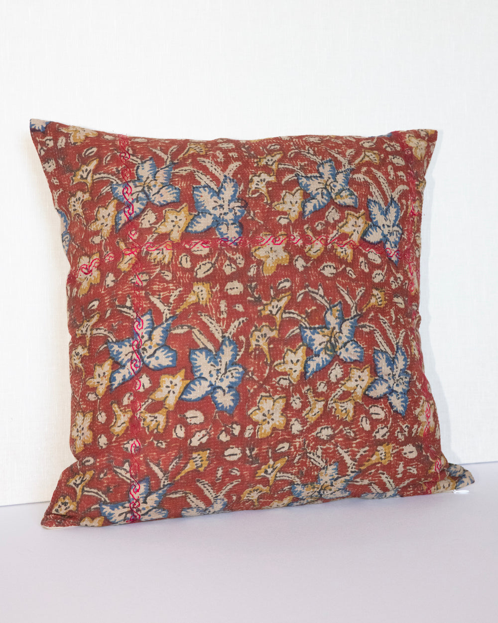 Garent  20 x 20 Vintage Kantha Cushion Cover with traditional Bagru block print in rusty red tones, showcasing intricate hand-stitched patterns, displayed on a white background.