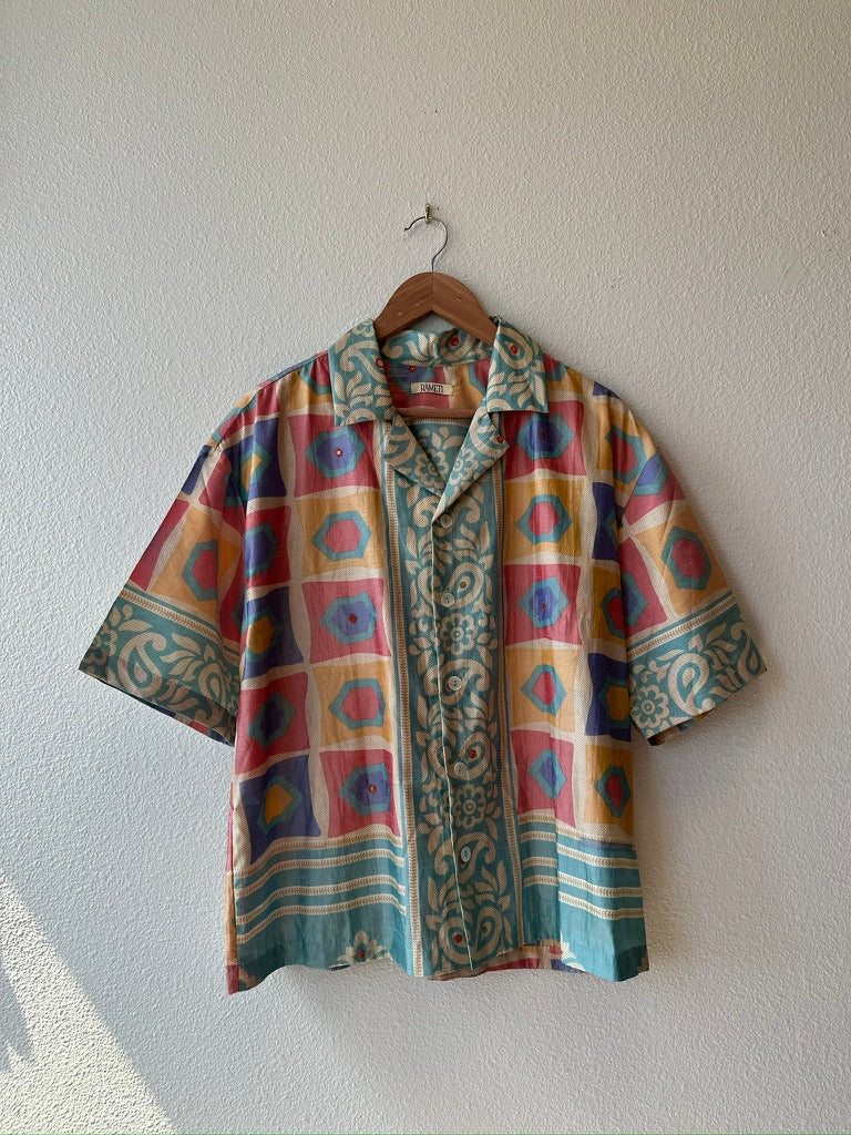 1950S Multicolor Silk Men's Shirt Made From Sari Silk