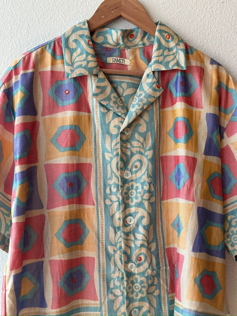 1950S Multicolor Silk Men's Shirt Made From Sari Silk