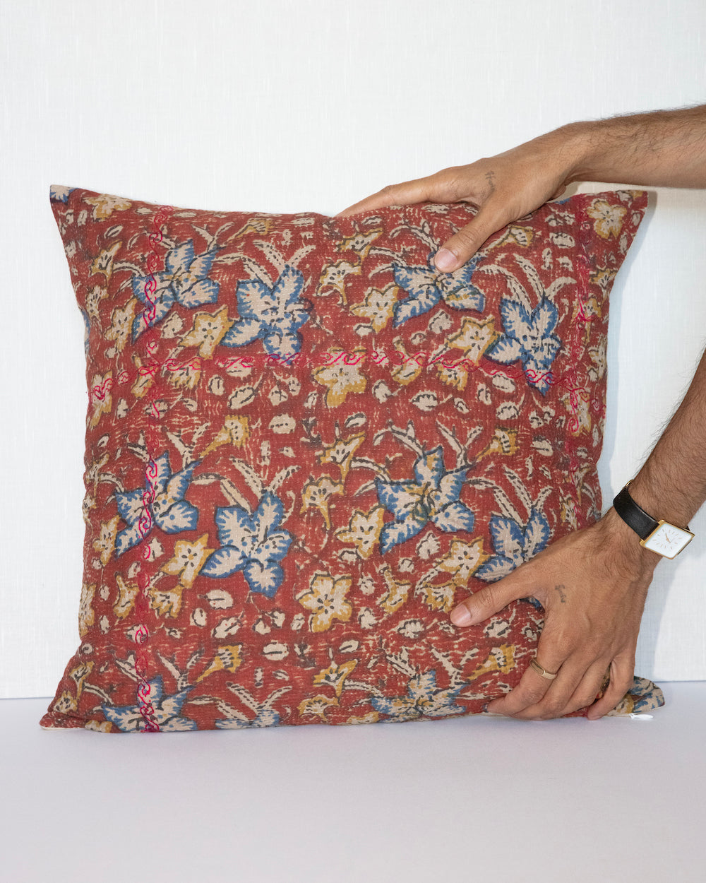 Garent  20 x 20 Vintage Kantha Cushion Cover with traditional Bagru block print in rusty red tones, showcasing intricate hand-stitched patterns, displayed on a white background.
