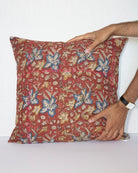 Garent  20 x 20 Vintage Kantha Cushion Cover with traditional Bagru block print in rusty red tones, showcasing intricate hand-stitched patterns, displayed on a white background.