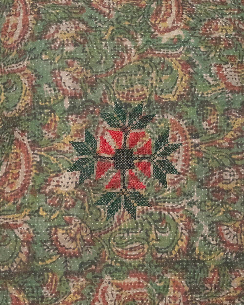 Garent  20 x 20 Vintage Kantha Cushion Cover with traditional Bagru block print in  earthy lawn green, showcasing intricate hand-stitched patterns, displayed on a white background.