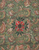 Garent  20 x 20 Vintage Kantha Cushion Cover with traditional Bagru block print in  earthy lawn green, showcasing intricate hand-stitched patterns, displayed on a white background.