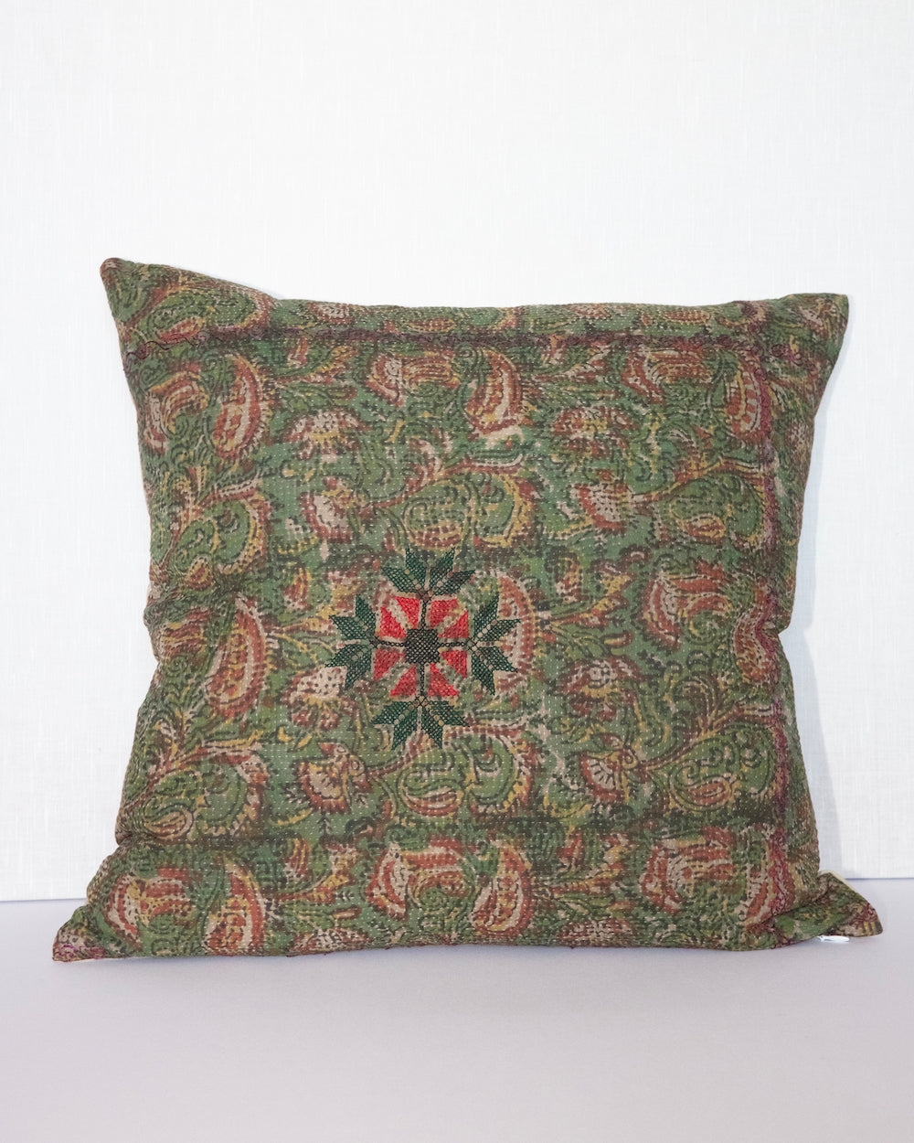 Garent  20 x 20 Vintage Kantha Cushion Cover with traditional Bagru block print in  earthy green, showcasing intricate hand-stitched patterns, displayed on a white background.